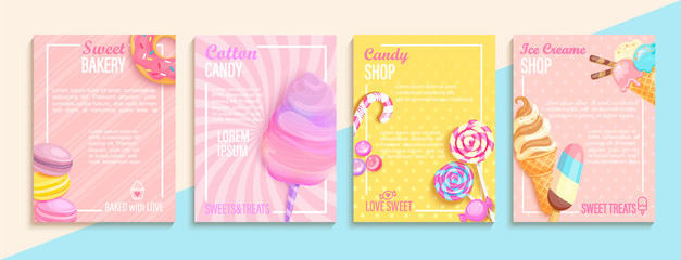 set of bakery,candy,cotton candy,ice cream flyers,banners.collection of pages for kids menu,caffee,p