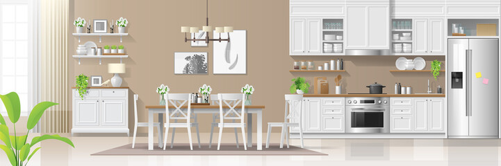 Modern rustic house interior background with kitchen and dining room combination , vector , illustration