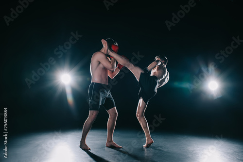 Fototapety Kickboxing  silny-zawodnik-mma-kopiacy-innego-sportowca-w-glowe-podczas-walki