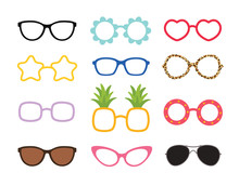 Set Of Real Colorful Style Cute Glasses. Party Sunglasses Icon Set In Flat Style. Design Templates.