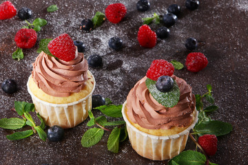 Two handmade cupcakes on a brown background. View from above. Still life concept