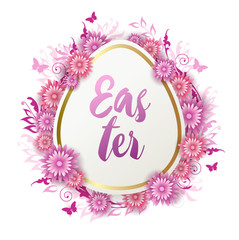 Poster - Easter card with paper pink flowers.