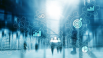 Wall Mural - business process automation concept. gears and icons on abstract background. blue abstract