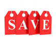 Save word text on red glossy hanging etiquette - save money, buy cheap
