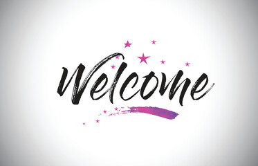 Wall Mural - welcome handwritten word font with vibrant violet purple stars and confetti vector.