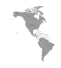 Wall Mural - Vector illustration with map of North and South America continent with countries borders. Grey silhouettes, white background. Countries names