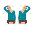 © Olli - Vector colorful illustration. Neck exercises by girl for relax. Tilt head to the shoulder. Pull head in the opposite direction. Creative concept. Blue and grey colors. White background