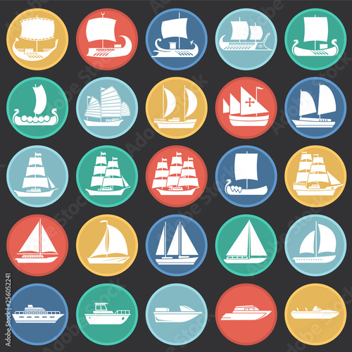 Cuadros en Lienzo Ship icons set on color circles black background for graphic and web design
