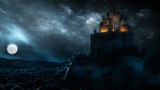 Majestic Castle Landscape With Glowing Clouds In Full Moon Night
