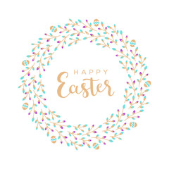 Wall Mural - Easter wreath with Easter eggs, flowers, leaves and branches on white background. Decorative frame with gold elements. Unique design for your greeting cards. Vector illustration in modern style.