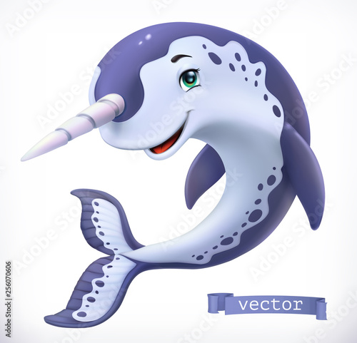 Narwhal cartoon character. Funny animal, 3d vector icon