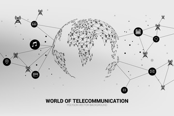 Poster - Vector Polygon antenna tower icon connect line to world map shape. Concept for international telecom service and network.