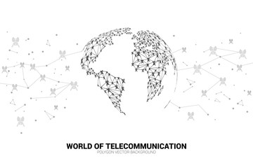 Poster - Vector Polygon antenna tower icon connect line to world map shape. Concept for international telecom service and network.