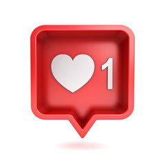 Fototapete - Social media notification love like heart icon in red rounded square pin isolated on white background with shadow 3D rendering