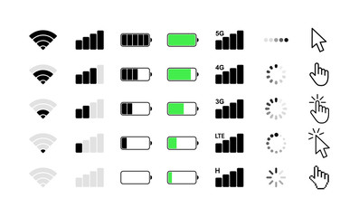 Wall Mural - mobile phone system icons. wifi signal strength, battery charge level, loading, download, cursor. ve