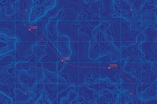 Sea Depth Topographic Map With Route And Coordinates Conceptual User Interface Blue Abstract Background. Bermuda Triangle. Topographic Cartography. Topographic Map. Topographic Atlas