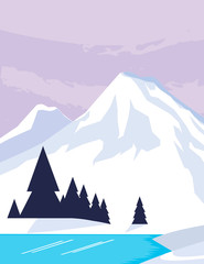 Sticker - mountains with forest and river snowscape scene