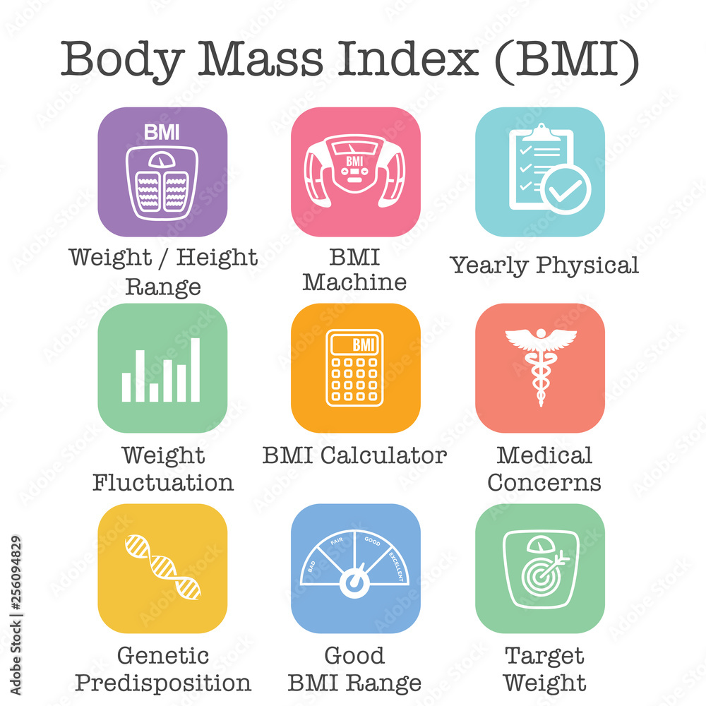 Vector de Stock BMI / Body Mass Index Icons w scale, indicator ...
