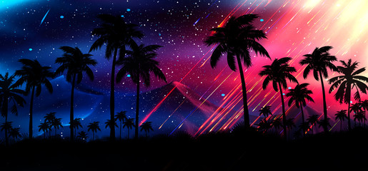 Night landscape with stars, sunset, stars. Silhouette coconut palm trees Vintage tone. Lights of the night city, neon, coast.