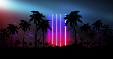 Wall Mural - night landscape with stars, sunset, stars. silhouette coconut palm trees vintage tone. lights of the