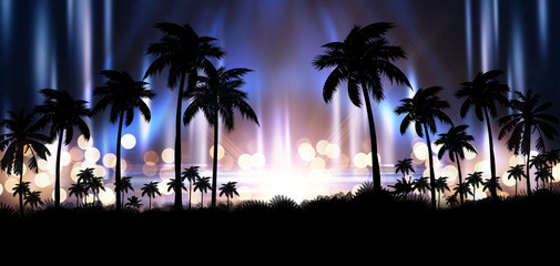 Wall Mural - Night landscape with stars, sunset, stars. Silhouette coconut palm trees Vintage tone. Lights of the night city, neon, coast.