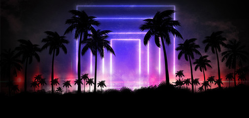 Wall Mural - Night landscape with stars, sunset, stars. Silhouette coconut palm trees Vintage tone. Lights of the night city, neon, coast.