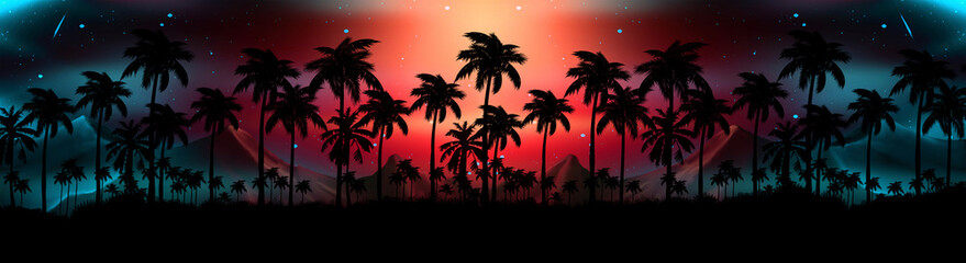 Night landscape with stars, sunset, stars. Silhouette coconut palm trees Vintage tone. Lights of the night city, neon, coast.