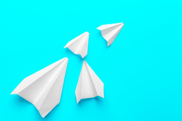 Wall Mural - Group of paper planes  on blue background. Business for new ideas creativity and innovative solution concepts