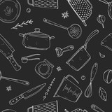 Seamless vector pattern of elements with hand drawn kitchenware on a chalkboard background