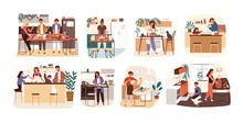 Collection Of People Cooking In Kitchen, Serving Table, Dining Together, Eating Food. Set Of Smiling Men, Women And Children Preparing Homemade Meals For Dinner. Flat Cartoon Vector Illustration.