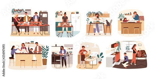 Collection of people cooking in kitchen, serving table, dining together, eating food Poster Mural XXL