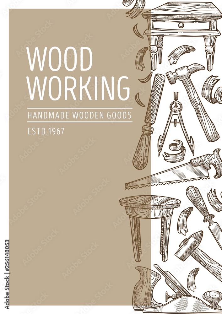 Wood working carpentry tools and handmade wooden goods - obrazy, fototapety, plakaty 