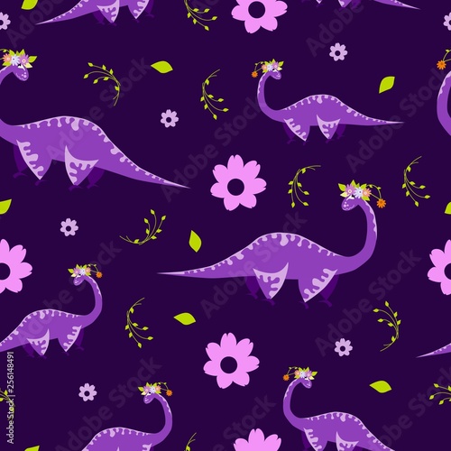 Seamless Dinosaur Pattern With Flower Animal Dark Purple Background With Purple Dino Vector Illustration Buy This Stock Vector And Explore Similar Vectors At Adobe Stock Adobe Stock Purple dinosaur standing on the ground. purple dino vector illustration