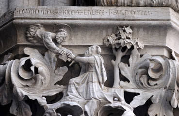 Medieval reliefs from Doge's Palace capital in Saint Mark Square, Venice, Italy, UNESCO World Heritage Sites 