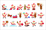 Fototapeta Pokój dzieciecy - Set with funny Santa Claus in different poses. Merry Christmas and Happy New Year. Reindeer, bag with gifts, children s letters, tree, snow. Flat vector for greeting card