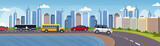 Fototapeta  - cars and passenger buses driving asphalt highway road over beautiful river city panorama skyscrapers cityscape background skyline flat horizontal banner