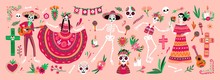 Bundle Of Mexican Dia De Los Muertos Symbols - Skeletons Dressed In National Folk Costumes Playing Guitar, Maracas Or Dancing And Celebrating Holiday. Traditional Festive Vector Illustration.