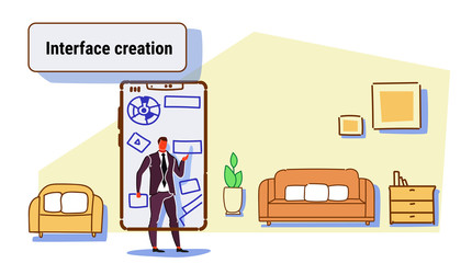 business man developer using mobile application interface creation development concept business man touching smartphone screen sketch flow style horizontal