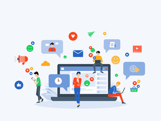 Aufkleber - flat Vector illustration social media  and digital marketing  online connection concept with business people character use mobile  concept 