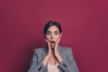 Canvas Print - Close-up portrait of her she nice cute attractive lovely winsome sweet wondered cheerful lady wearing gray checkered blazer opened mouth isolated over maroon burgundy marsala background