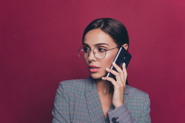 Canvas Print - Close-up portrait of her she nice cute attractive lovely sweet winsome delicate gorgeous magnificent lady wearing gray checkered jacket talking on line isolated over maroon burgundy marsala background