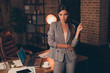© deagreez - Close up photo beautiful she her business lady long hair chief friendly self-confident little coffee break arm hold specs standing modern comfort office wear formal wear checkered plaid suit