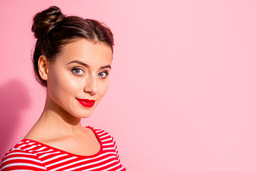 Wall Mural - Close up side profile view photo beautiful amazing she her lady pretty buns look self-confidently on camera bright pomade lipstick wear casual striped red white t-shirt isolated pink background