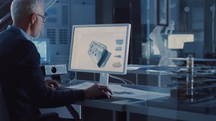 Poster - Professional Heavy Industry Engineer Works on Computer Uses CAD Software to Design Industrial Machinery Component. In the Background Industrial Design Agency. Over the Shoulder Shot