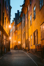 Stockholm's Gamla Stan Old Town District At Night, Sweden