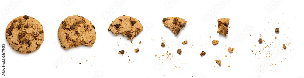 Different stages of eaten cookie isolated on white background - obrazy, fototapety, plakaty 