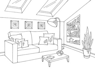 Attic living room graphic black white home interior sketch illustration vector