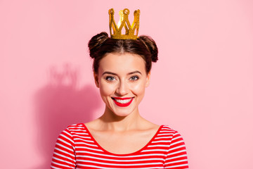 Sticker - Close-up portrait of her she nice-looking cute charming attractive lovely fascinating cheerful cheery girl wearing striped t-shirt gold diadem isolated over pink pastel background