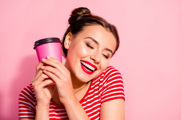 Sticker - Close-up portrait of her she nice cute charming attractive lovely fascinating winsome cheerful girl wearing striped t-shirt enjoying sweet hot chocolate isolated on pink pastel background