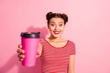Wall Mural - Portrait of her she nice cute charming attractive lovely fascinating cheerful funny girl wearing striped t-shirt giving you sweet hot chocolate isolated on pink pastel background